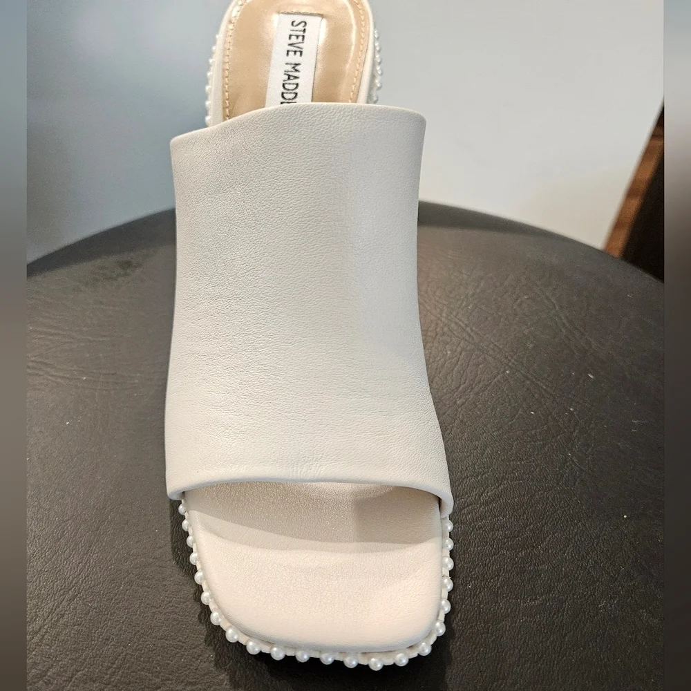 Steve Madden Decoded Pearl Block Heel Mule Sandal Bone Leather 9 NEW